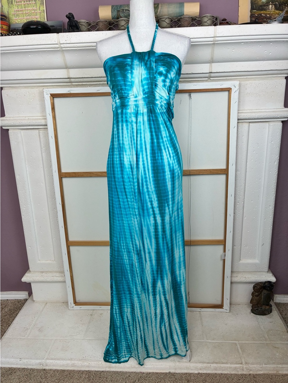 ANA NWT Turquoise Jersey Tie-Dye Halter Maxi Dress w/ braided tie neck